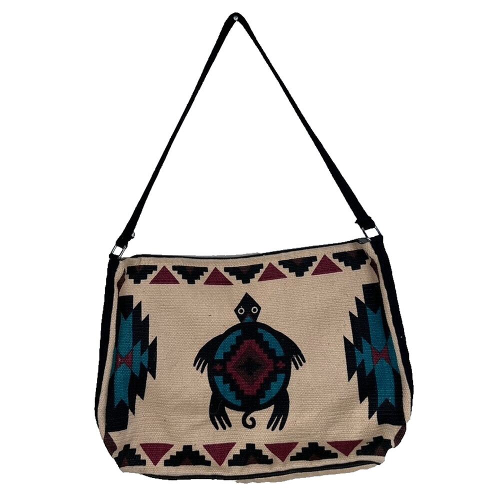 Boho Turtle Pattern Canvas Shoulder Bag in Beige and Teal